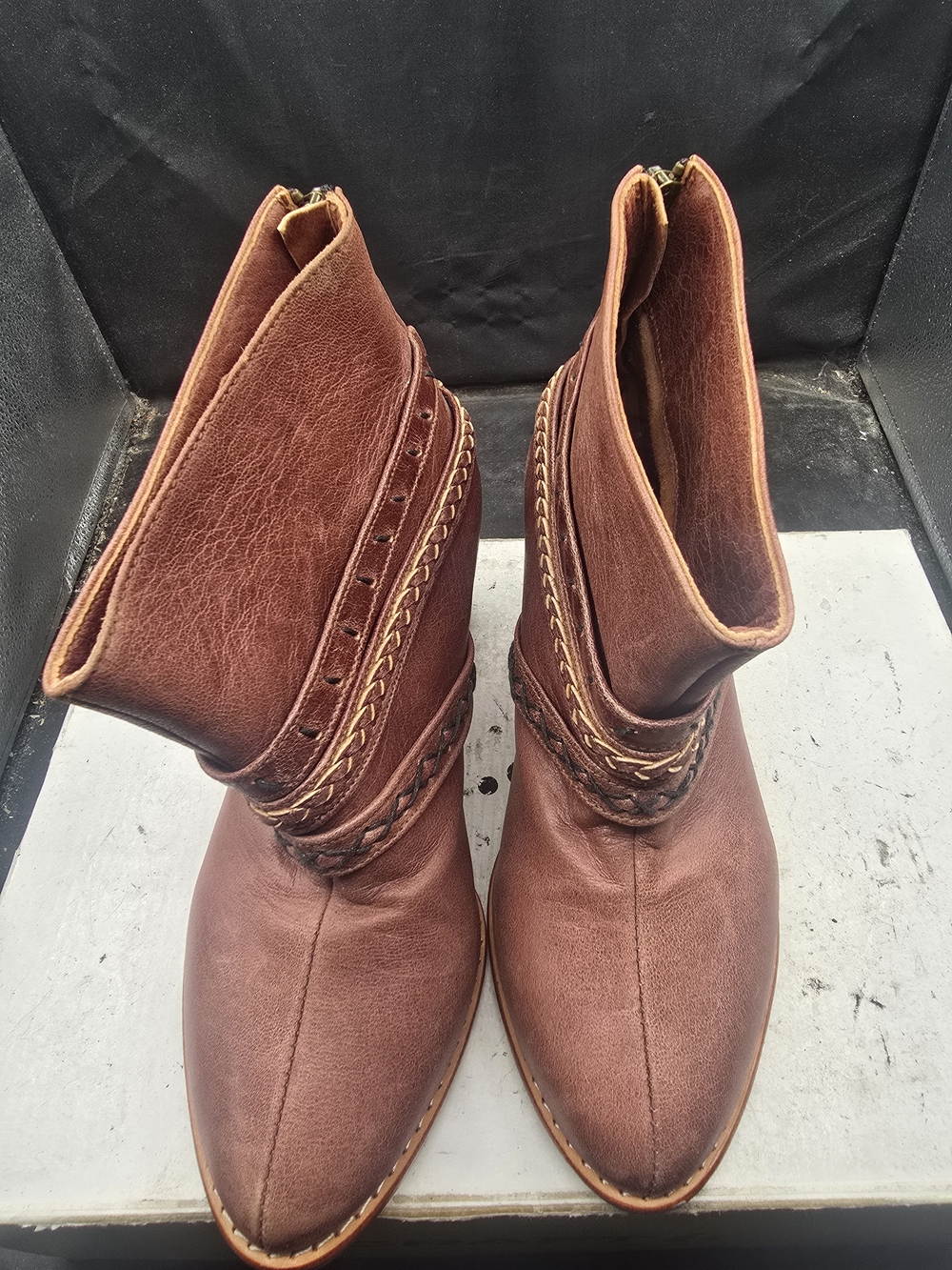 ELF Brown Pointed-Toe Ankle Booties with Braided Trim